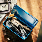 Toyo Steel Stackable Storage Box T-190 in Blue on a table at Addison West