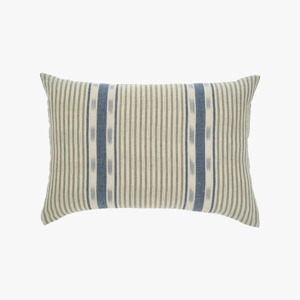 16 x 24 inch lumbar pillow with blue and grey patterns on a white background