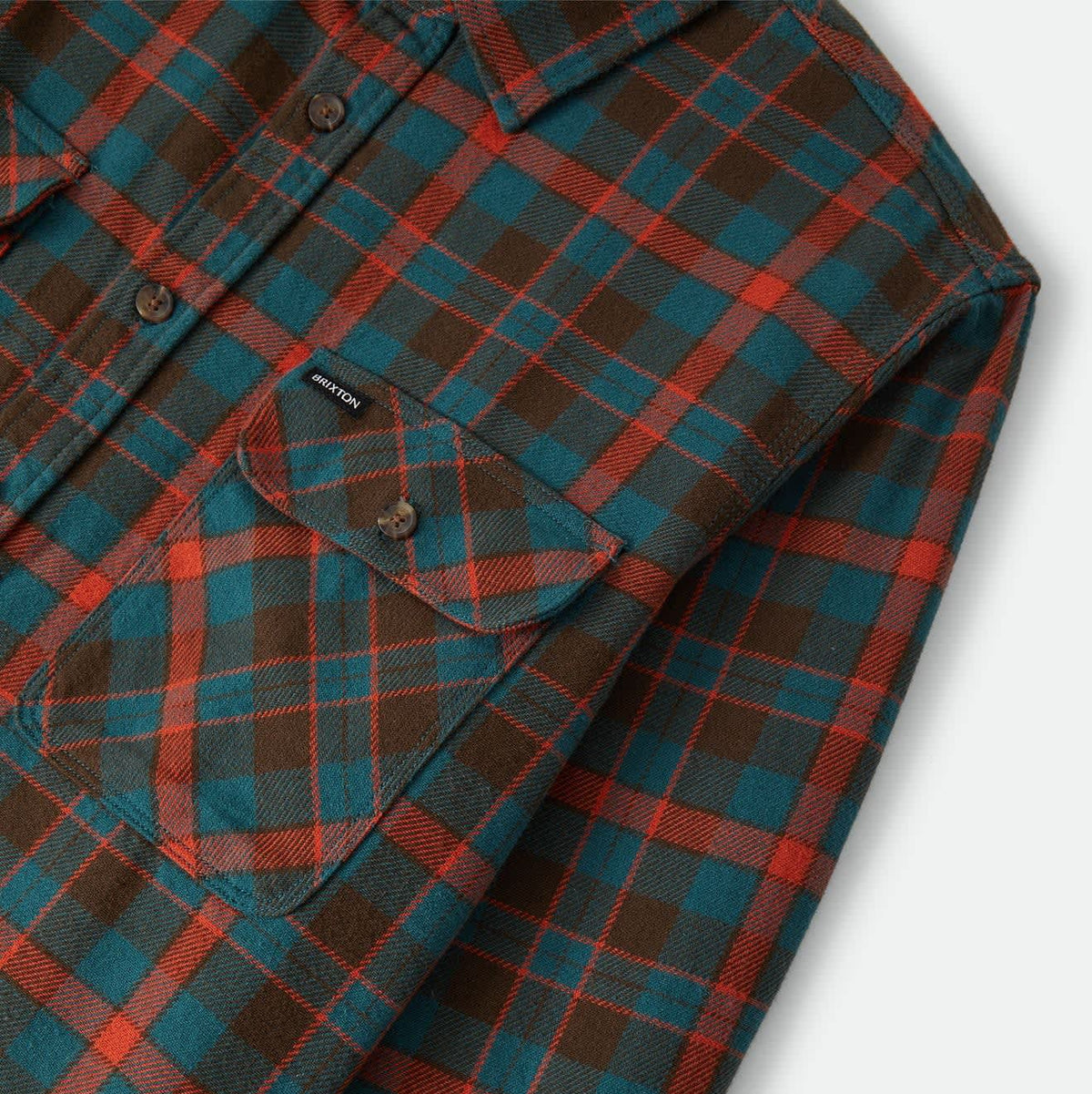 Brixton Men's Bowery Flannel in Walnut Brown & Ultra Marine on plain background.