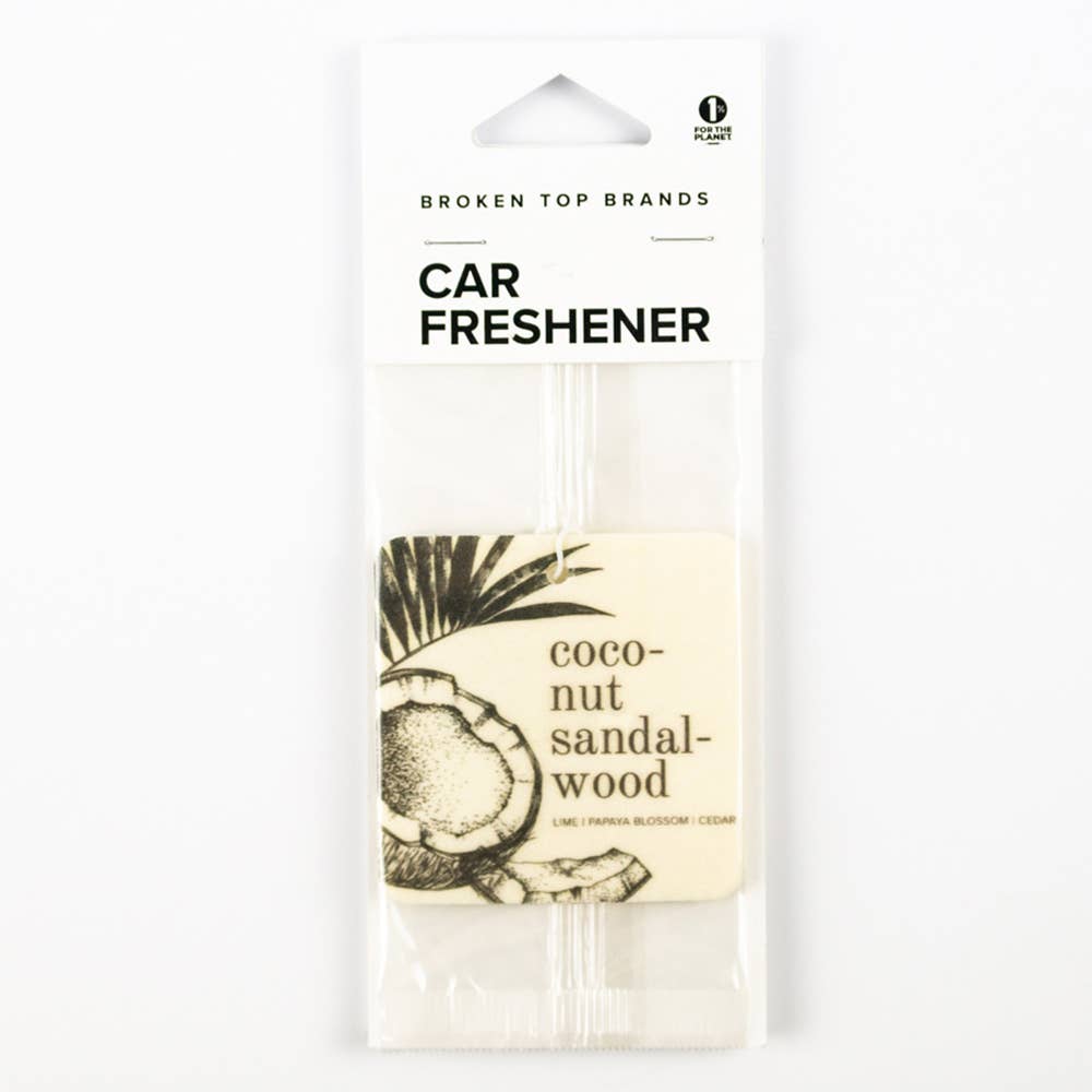 Broken Top Brands Coconut Sandalwood Car Fresheners on a white background