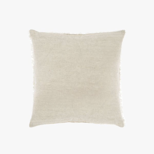 Square cream linen pillow with frayed edges on a white background