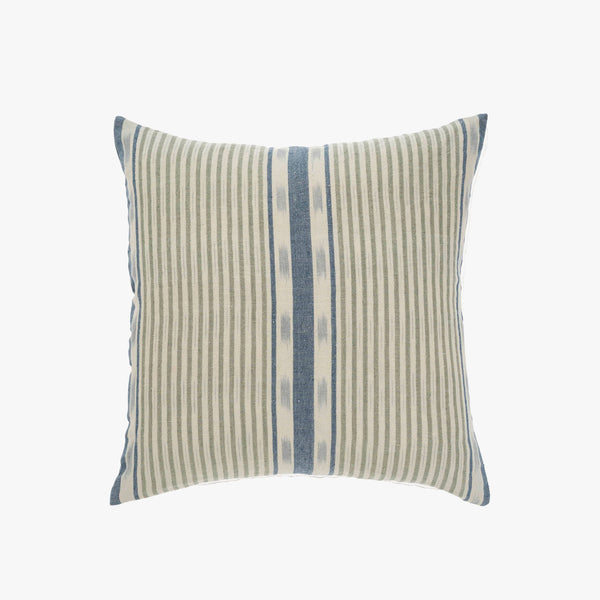 Square pillow with blue and grey patterns on a white background