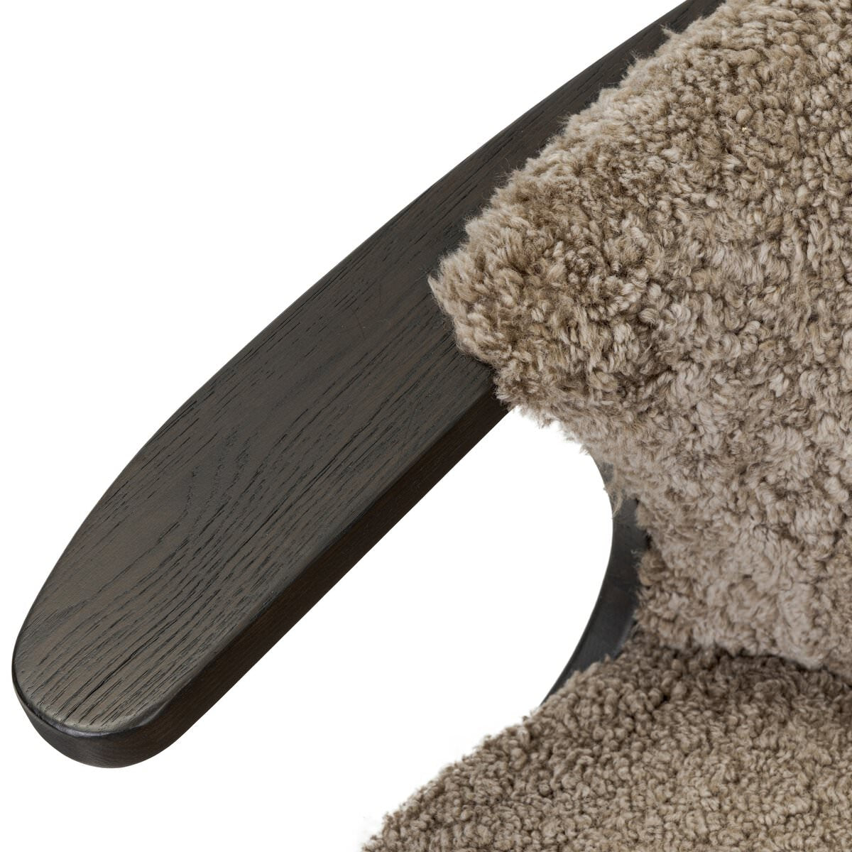 Close up of Four Hands Fabian Chair in Taupe Shearling on a white background at Addison West