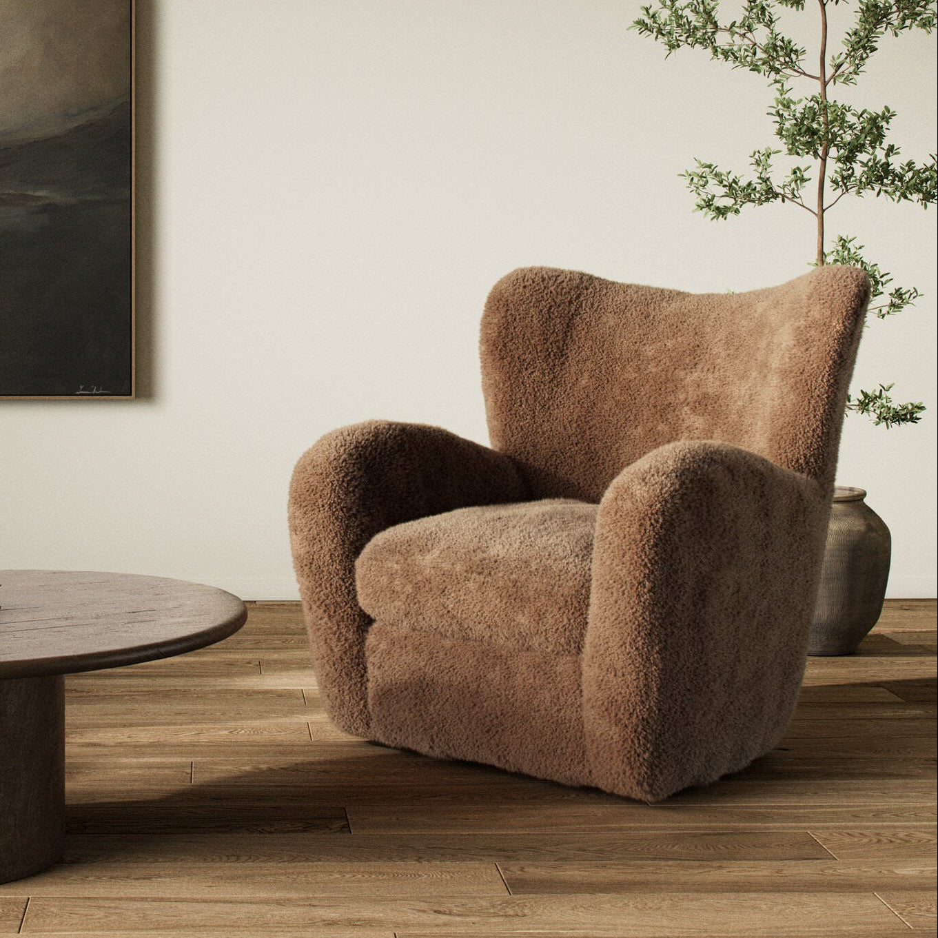 Four Hands Amelie Chair in Amber Shearling in a living room at Addison West