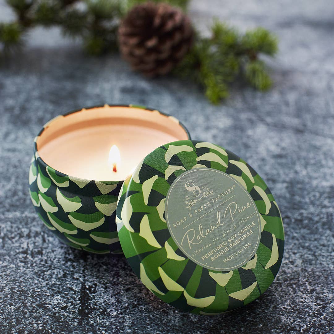 Roland Pine Small Tin Soy Candle on a grey background at Addison West