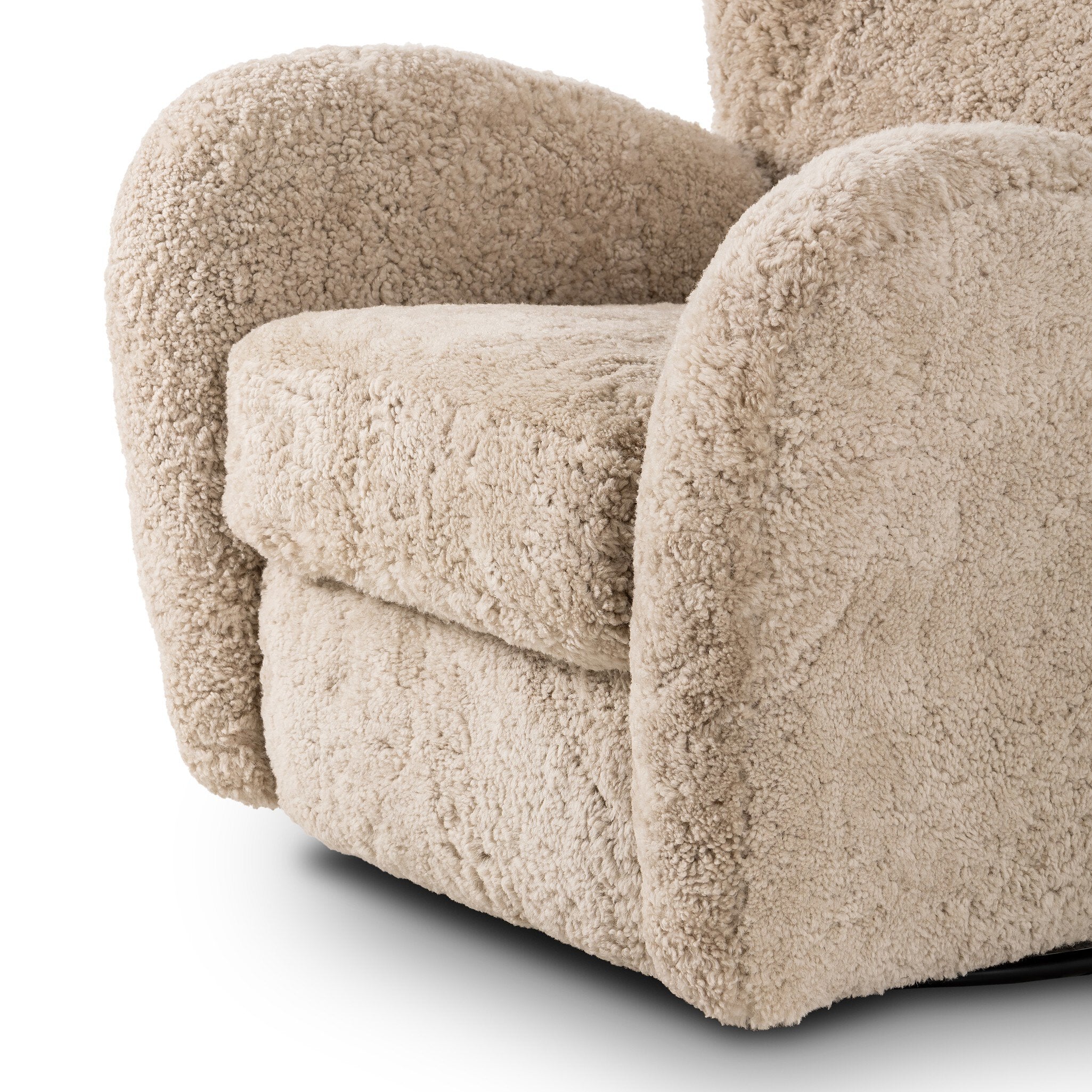 Four Hands Amelie Swivel Recliner in Beige Shearling on a white background at Addison West