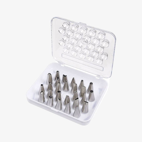 26 Piece Cake + Pastry Decorating Set with white and clear acrylic case on a white background