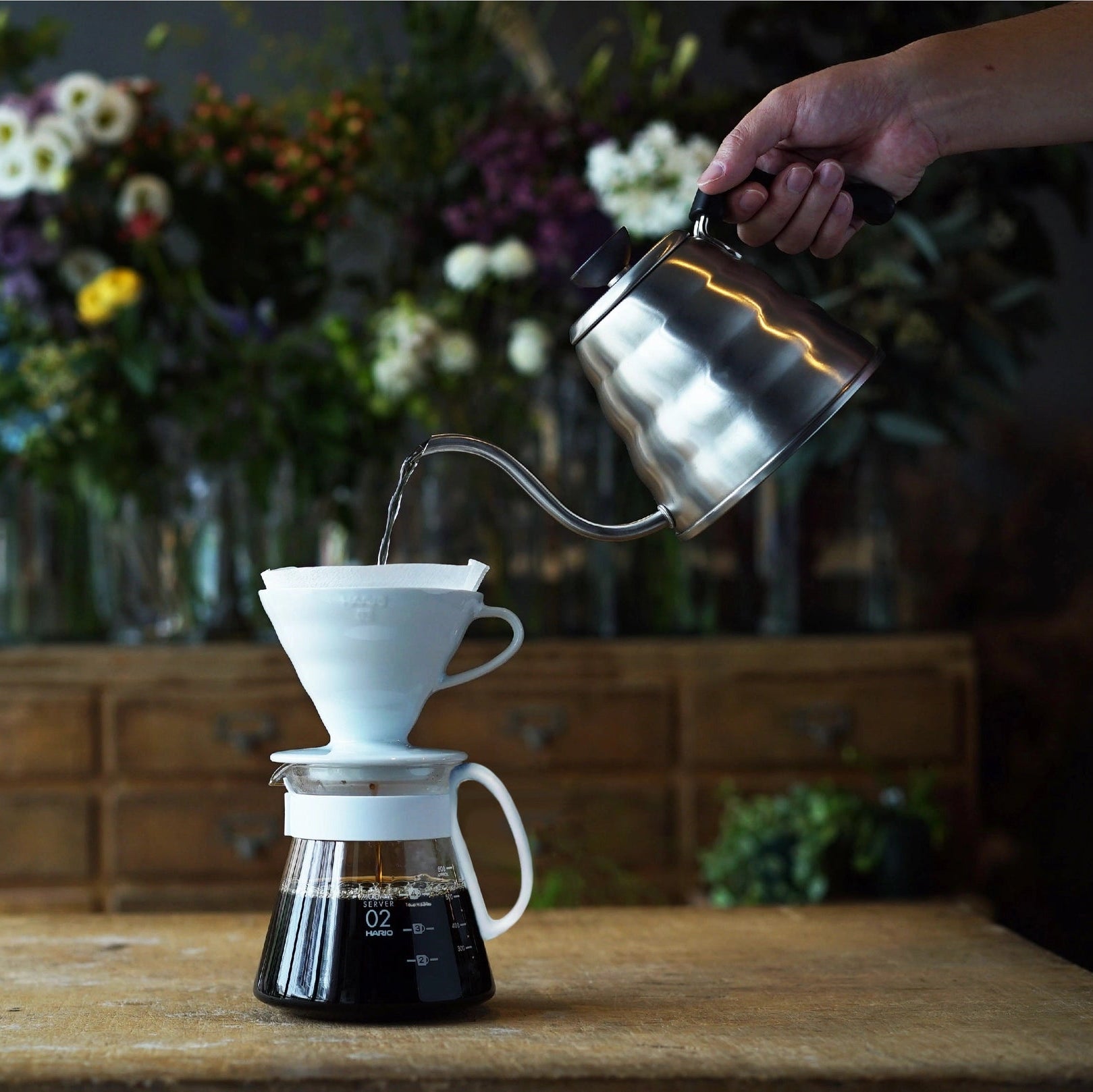 Hario V60 Ceramic Pour Over Coffee Set on a table at Addison West