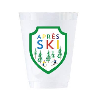 Clear plastic cup with colorful 'Apères Ski' design on a white background