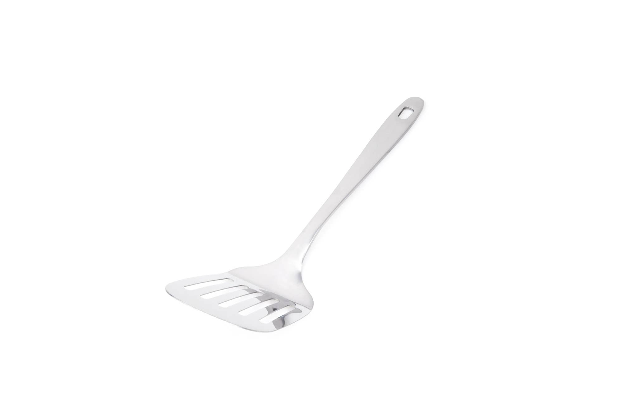 Stainless slotted spatula on a white background