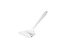 Stainless slotted spatula on a white background