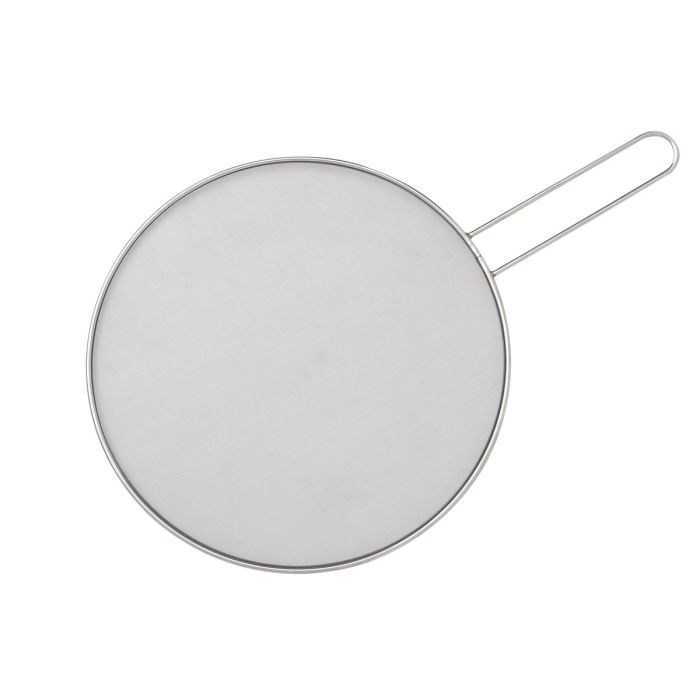 Round metal splatter screen with handle on a white background