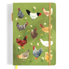 A hardcover notebook with a green cover decorated with a pattern of various chickens and small white flowers, featuring a gold glitter elastic closure band.