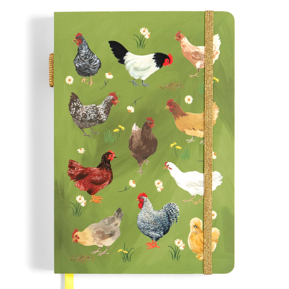 A hardcover notebook with a green cover decorated with a pattern of various chickens and small white flowers, featuring a gold glitter elastic closure band.