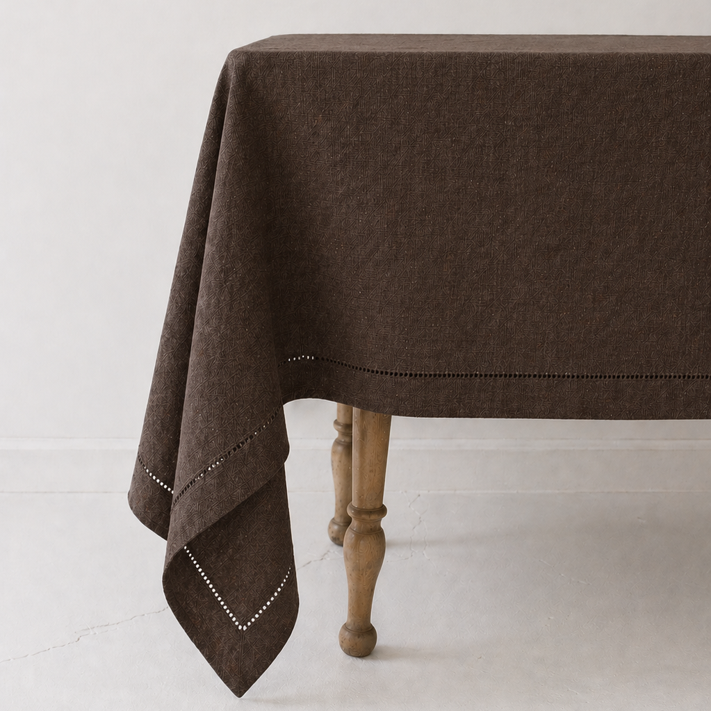 Brown Linen Hemstitch Tablecloth, 60 x 90 on a table at Addison West