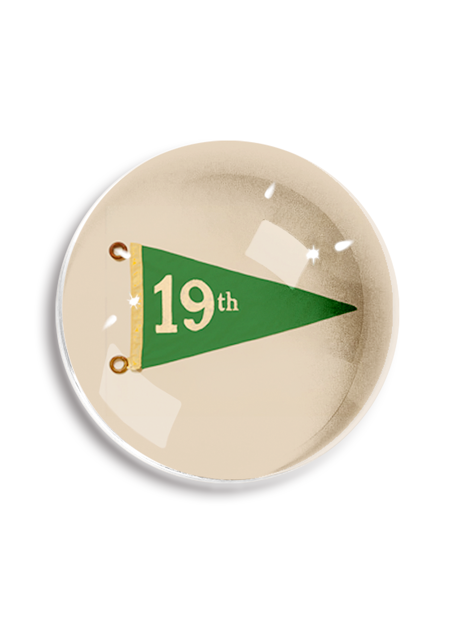 Round glass paperweight with a green pennant design featuring the number '19' on a white background.