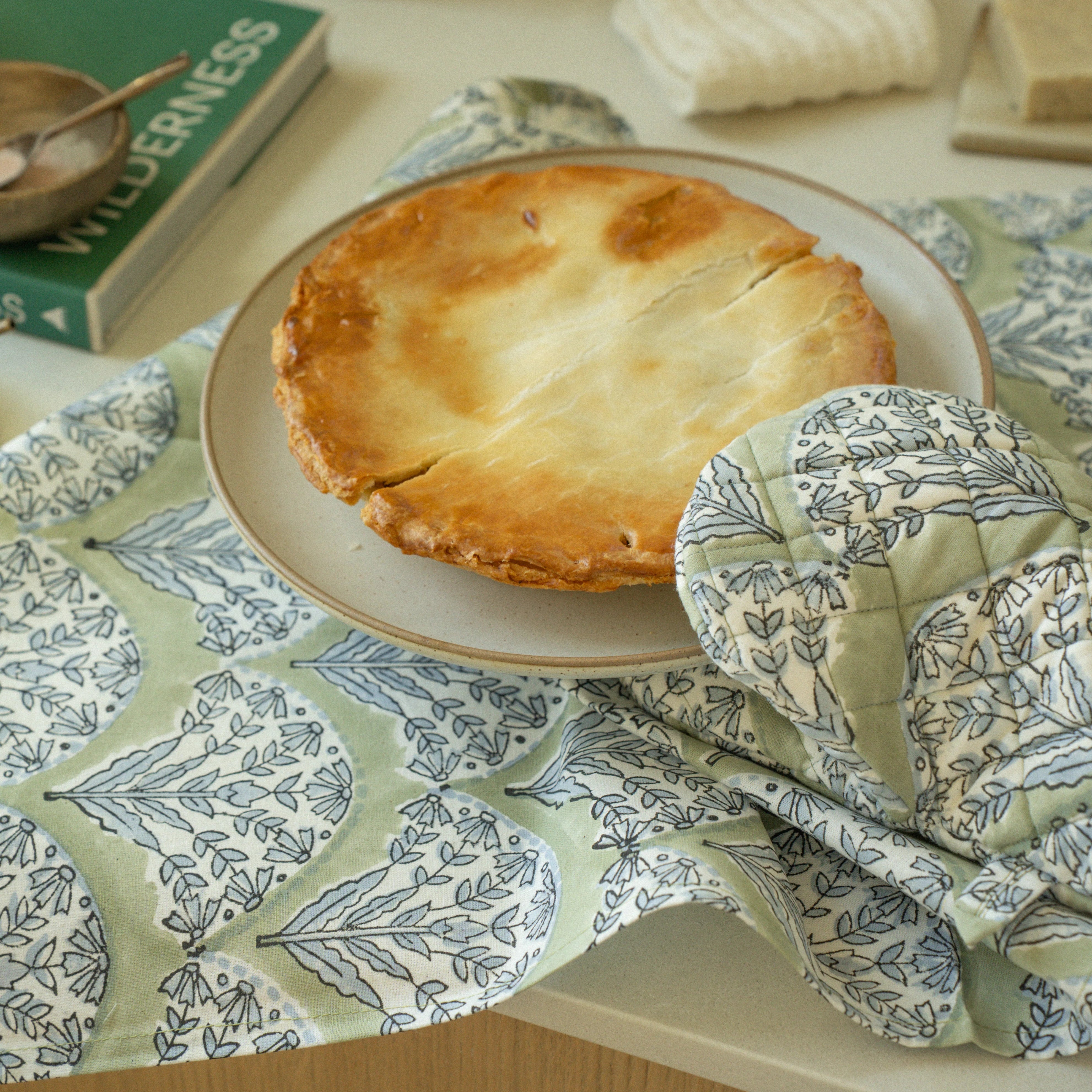 Summer Sage Block Print Tea Towels, Set of 2 on a kitchen counter at Addison West