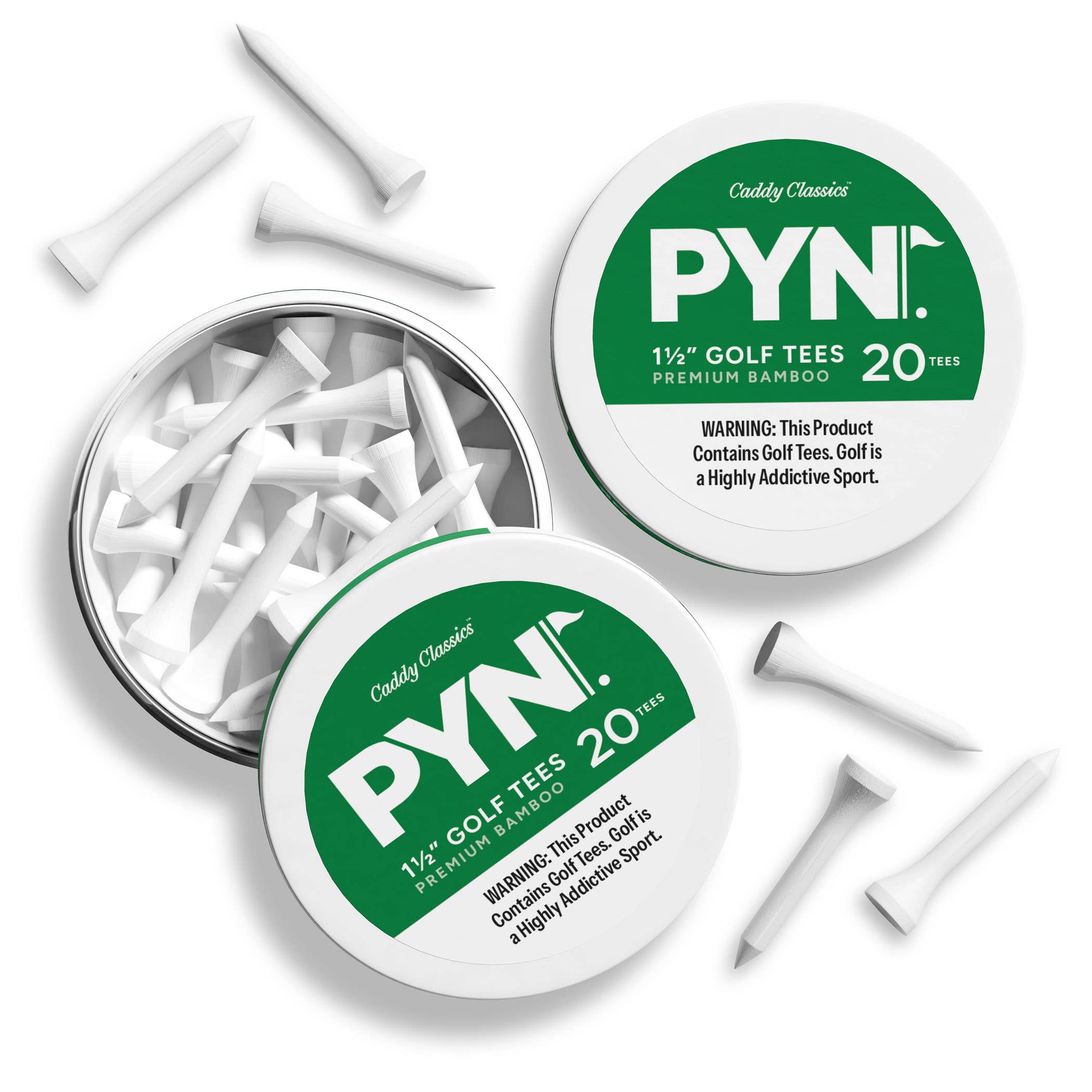 Two open containers of PYN golf tees with golf tees spilling out on a white background.