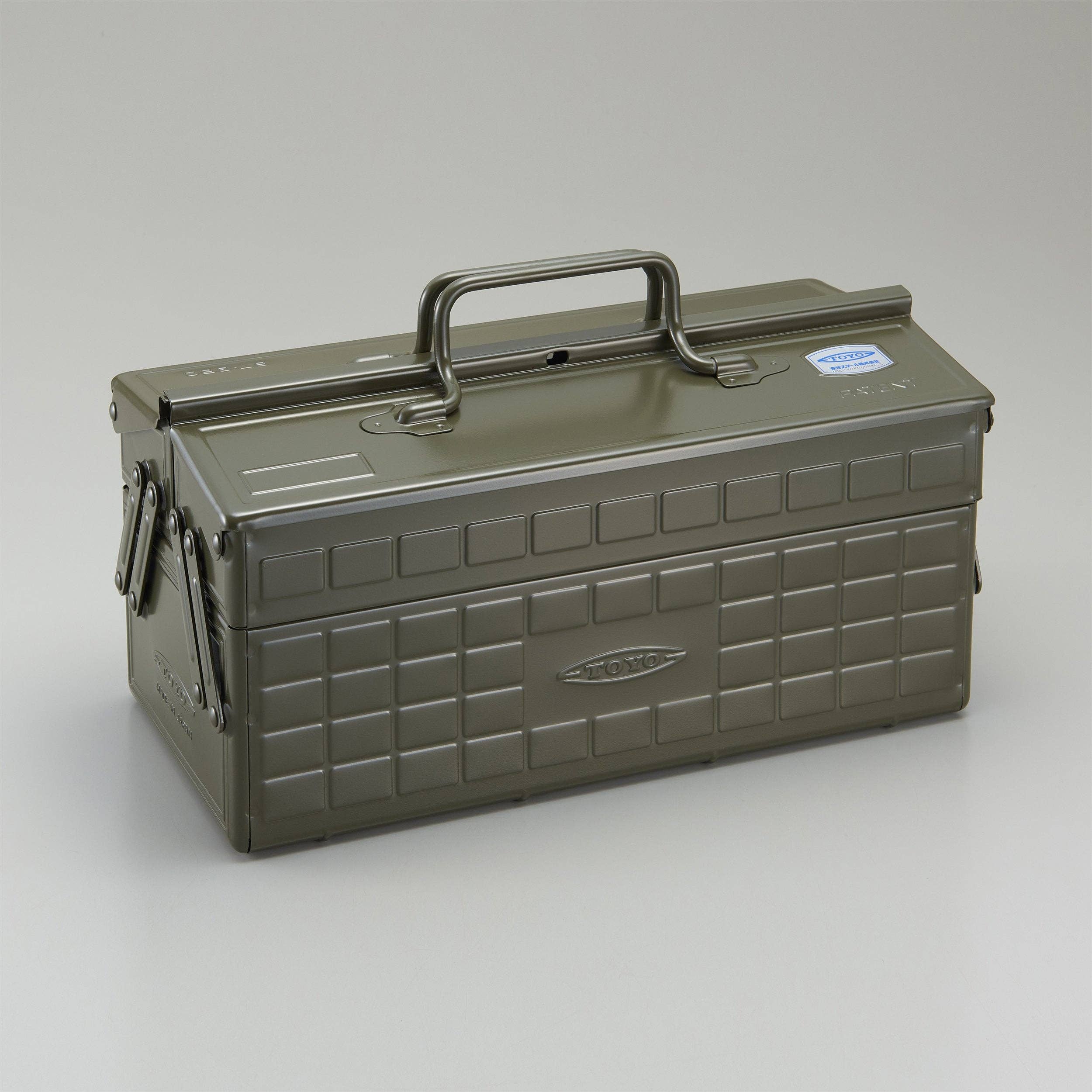 Toyo Steel Cantilever Toolbox ST-350 in Military Green on a white background at Addison West