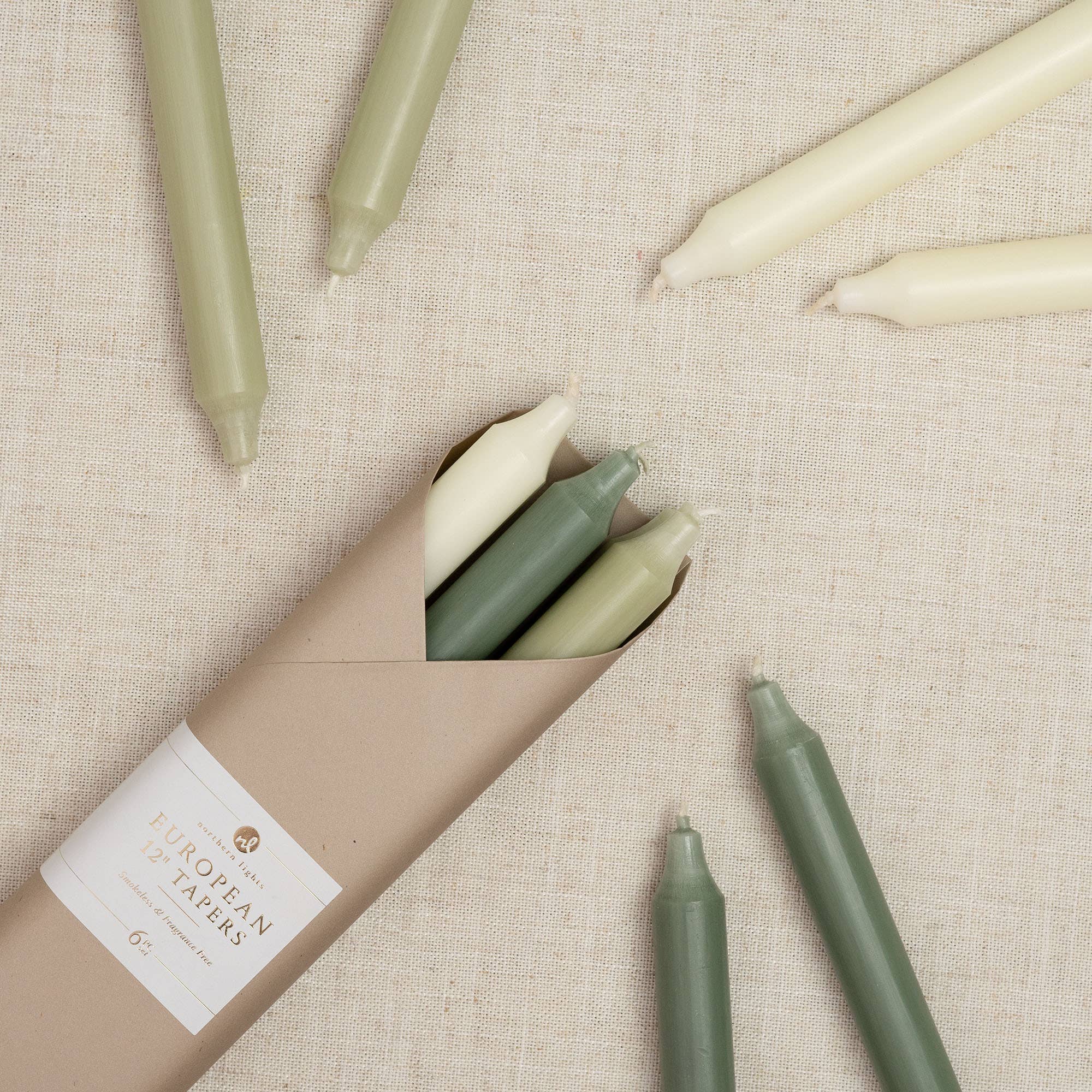12" Taper Candles in Cottage Vines, Set of 6 on a beige background at Addison West