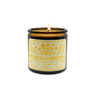 Candle labeled 'High Summer' with a lit wick on a white background