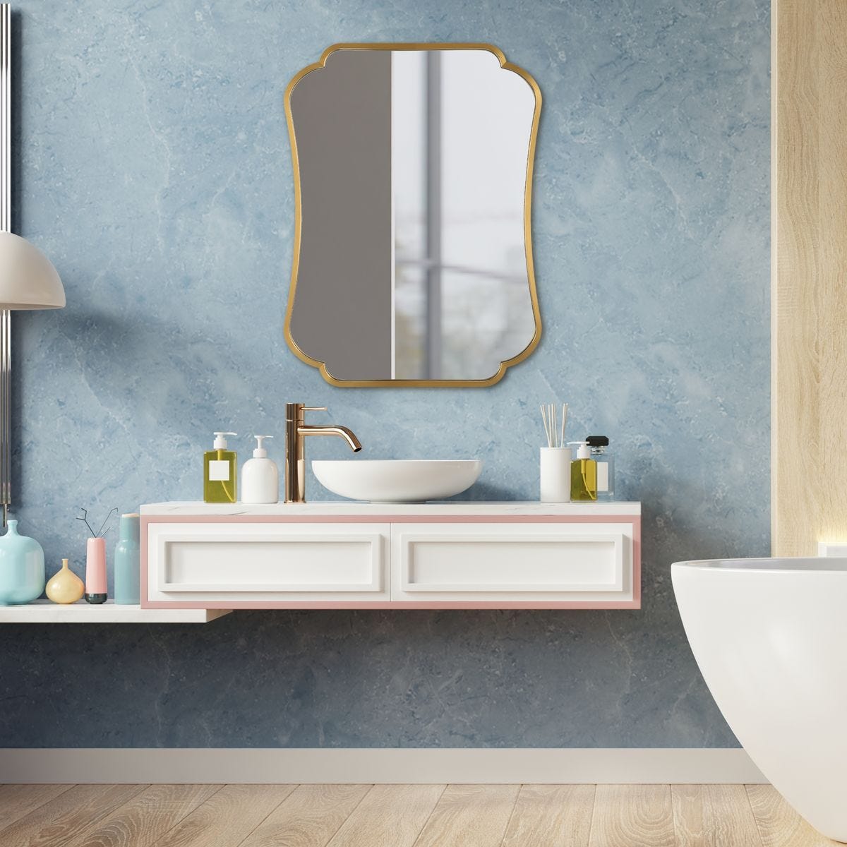 Atwell Accent Mirror on a blue wall in a bathroom at Addison West