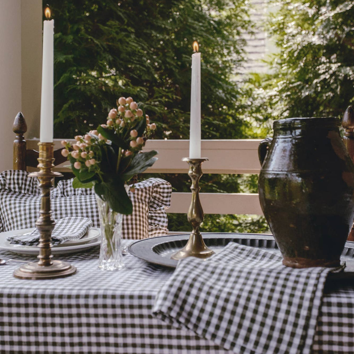 Olive Gingham Check Linen Tablecloth, 60" x 90" on a table at Addison West