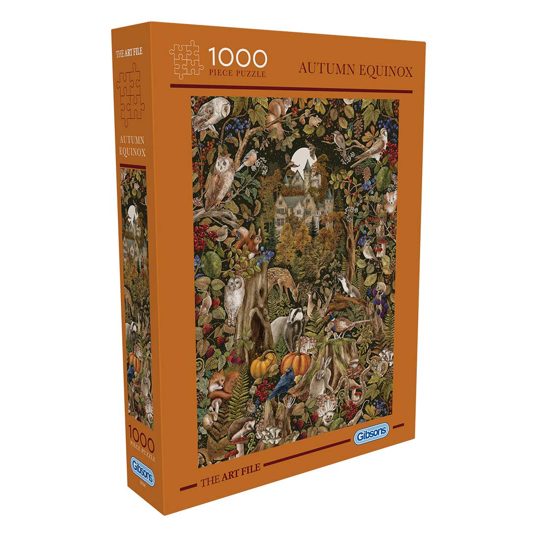 Jigsaw puzzle box titled 'Autumn Equinox' with a forest scene design on an orange background.