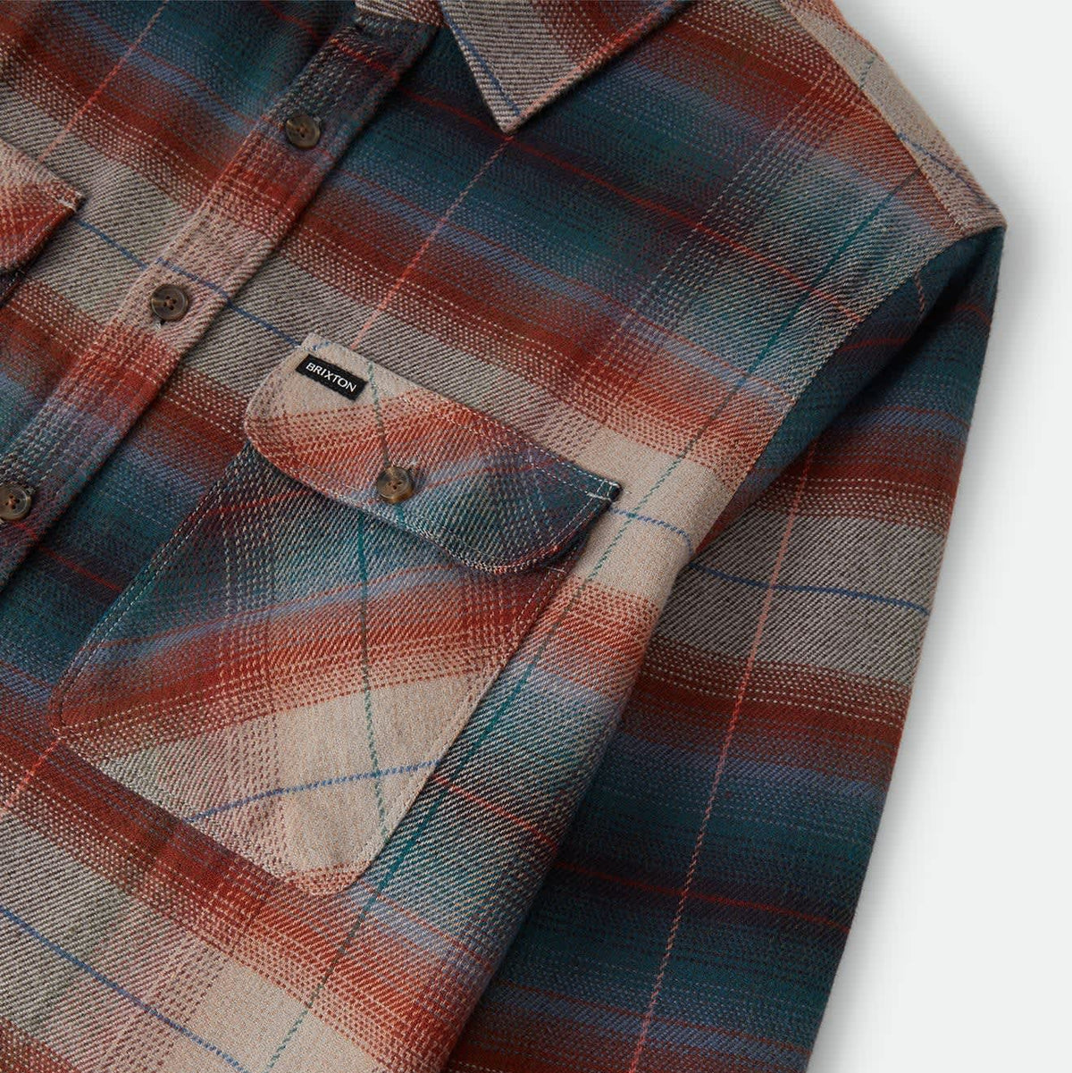 Brixton Men's Bowery Flannel in Multi Shadow on plain background.