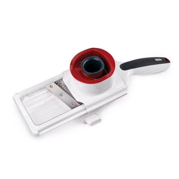 Zyliss White and red mandoline slicer on a white background