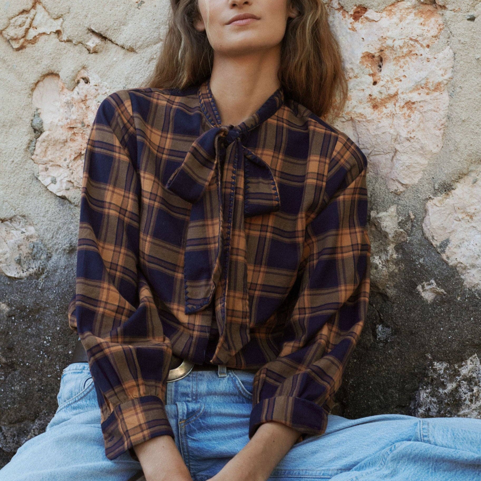 Lily Blouse in Navy on a model at Addison West