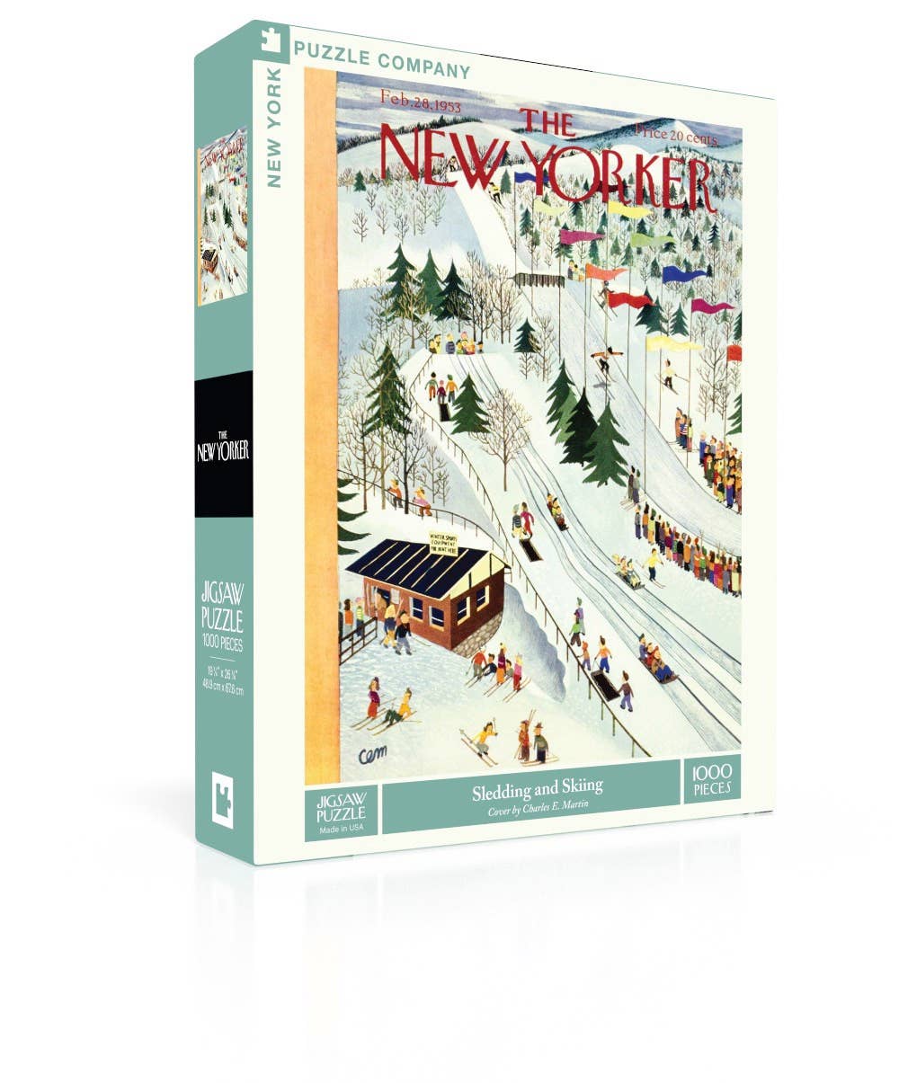 Jigsaw puzzle box featuring a winter scene with people sledding and skiing, published by The New Yorker.