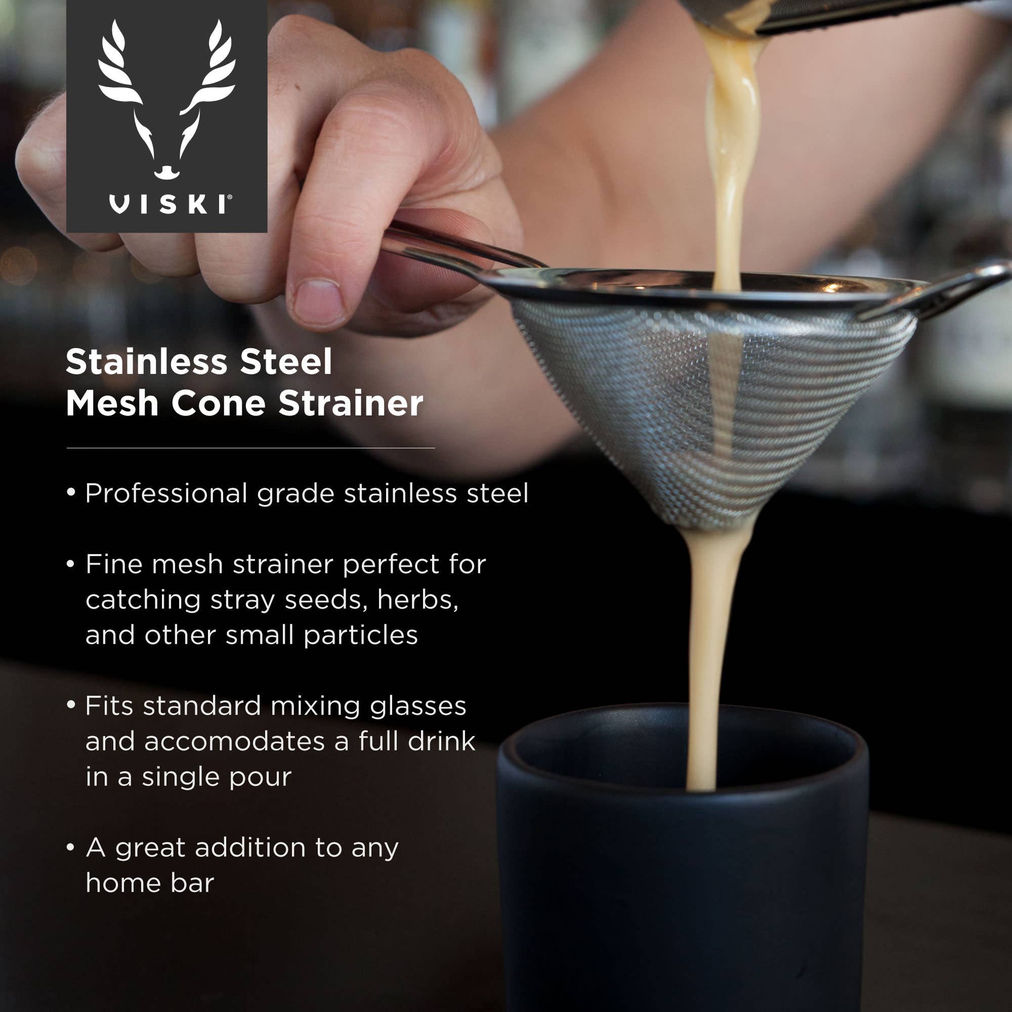 Harrison Stainless Steel Mesh Cocktail Strainer used by a bartender with features listed at Addison West