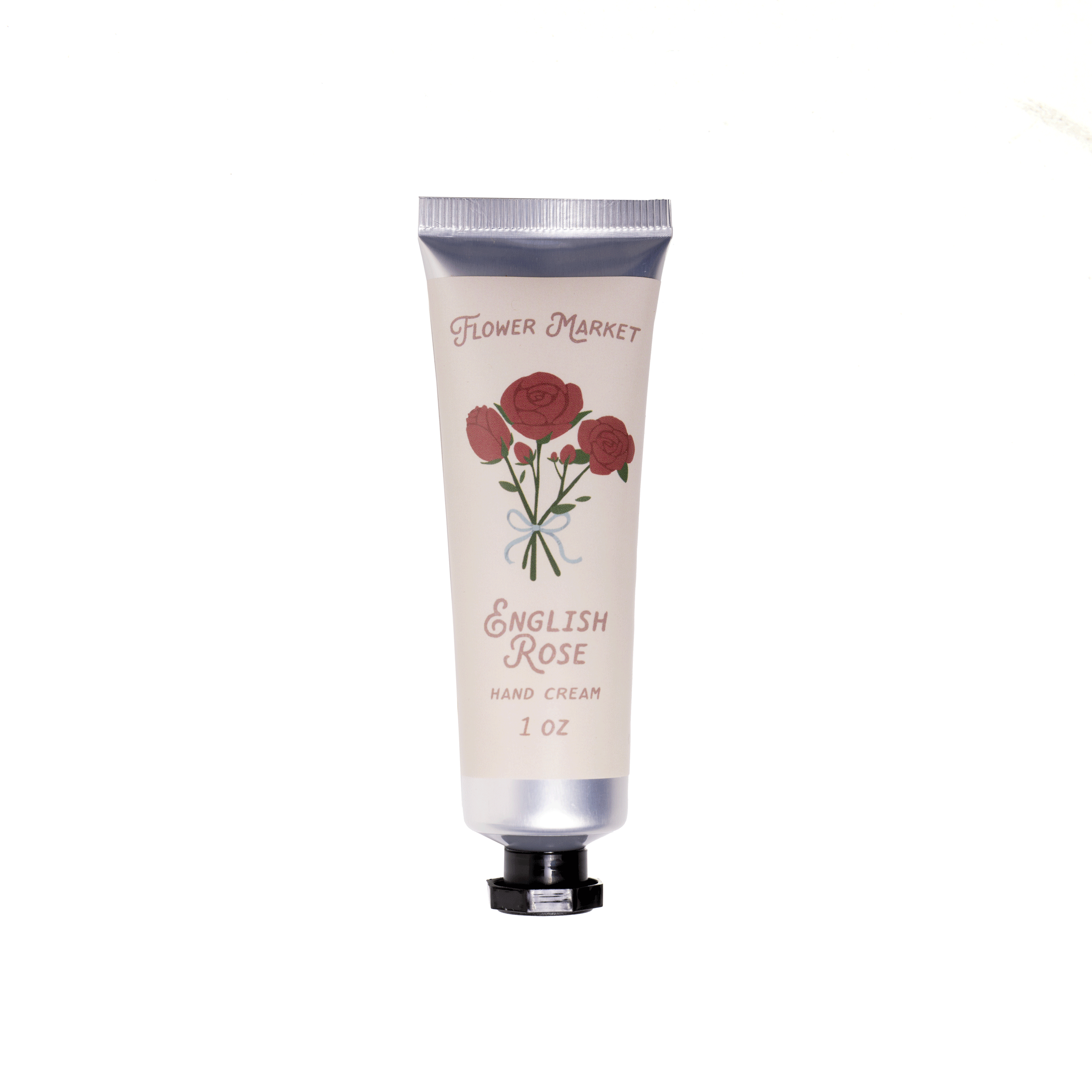 Hand cream tube labeled 'English Rose' with floral design on a white background