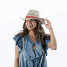 Dune Sun Hat in Garnet on model at the Addison West.