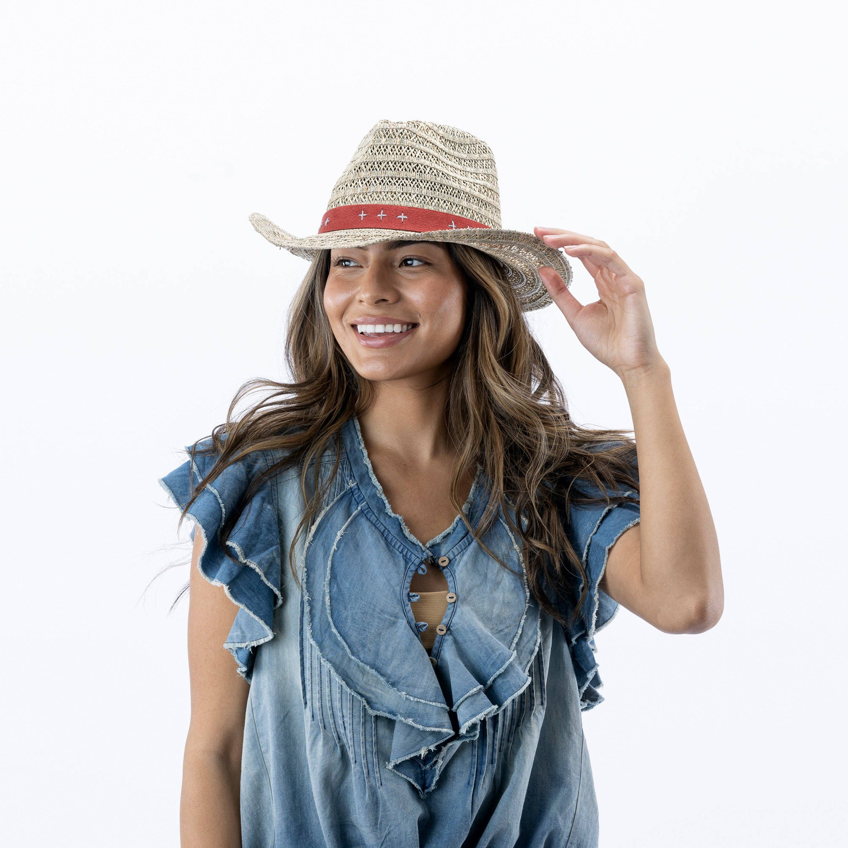 Dune Sun Hat in Garnet on model at the Addison West.