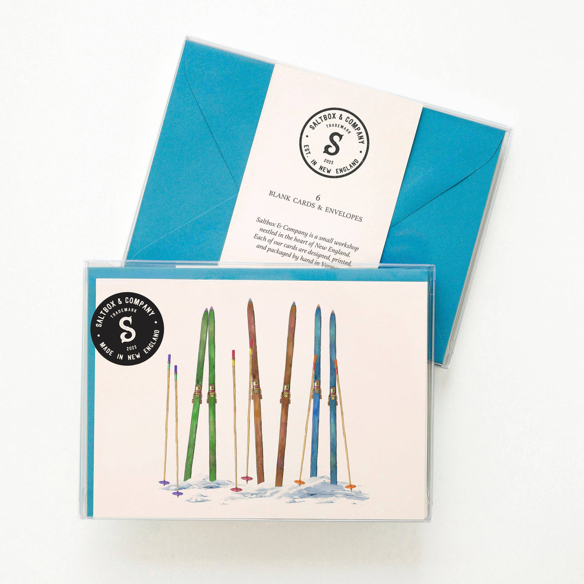 Vintage Skis Note Cards, Box of 6 on a white background at Addison West