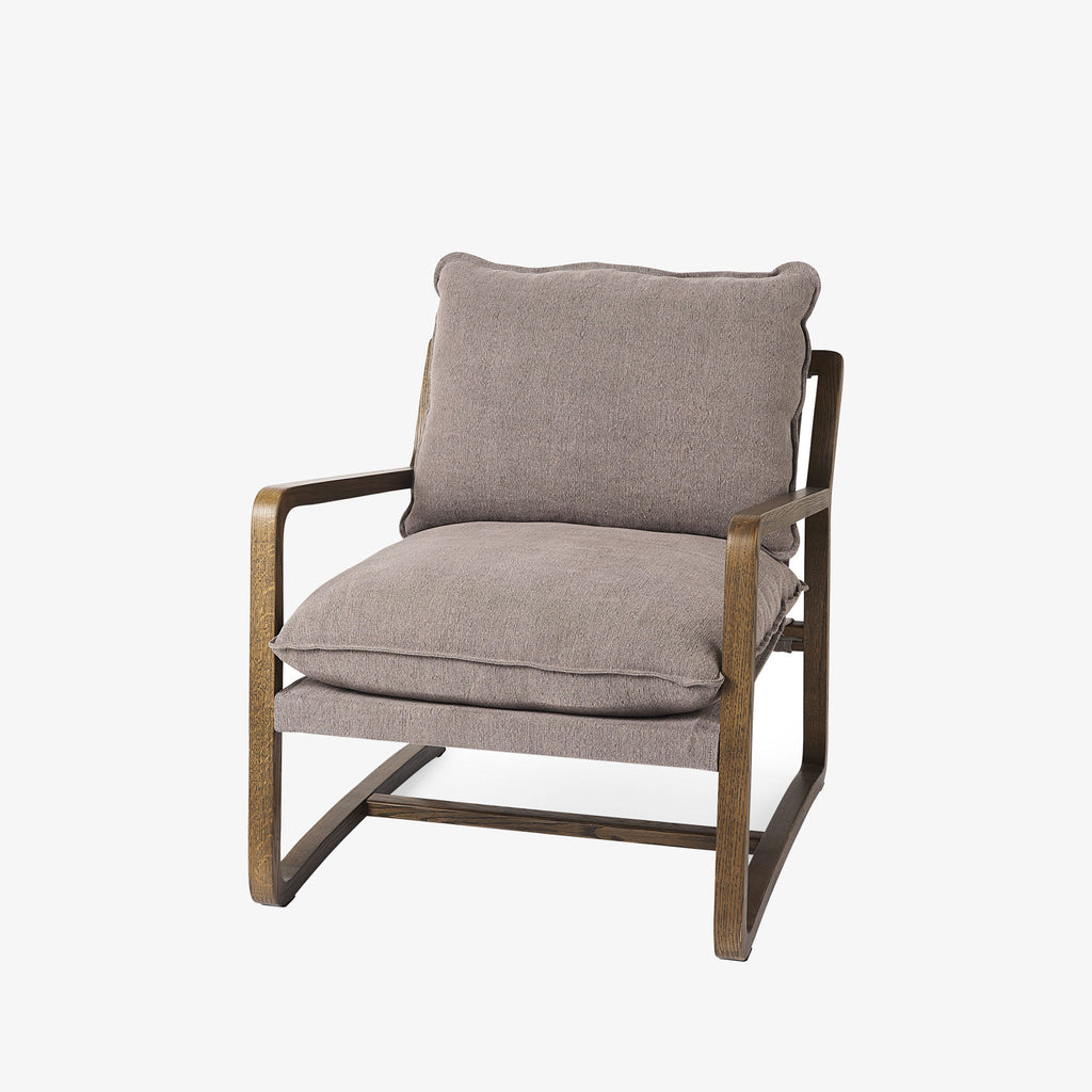 Mercana Brayden sling accent chair with brown wood and grey cushions