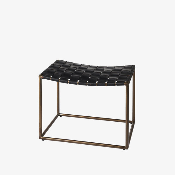Black Leather Woven Seat with Gold Metal Frame Stool on a white background