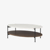 Oval Coffee Table with marble top and black metal base with wood shelf 