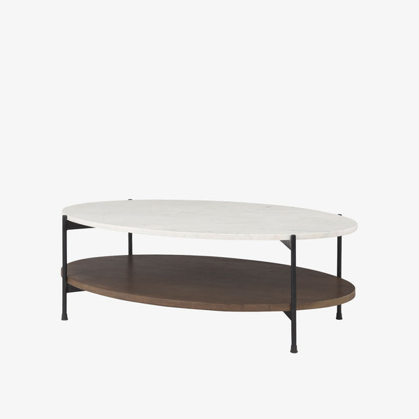 Oval Coffee Table with marble top and black metal base with wood shelf 