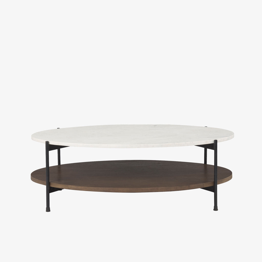 Oval Coffee Table with marble top and black metal base with wood shelf