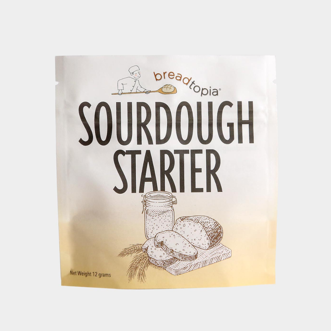 Sourdough starter package with 'breadtopia' branding on a white background