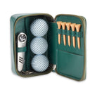 Green golf kit with golf balls, tees, and a marker on a white background