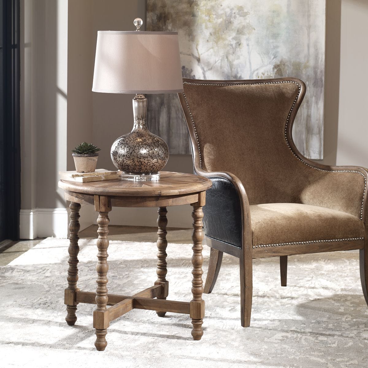 Stratton Reclaimed Fir End Table in a living room at Addison West 