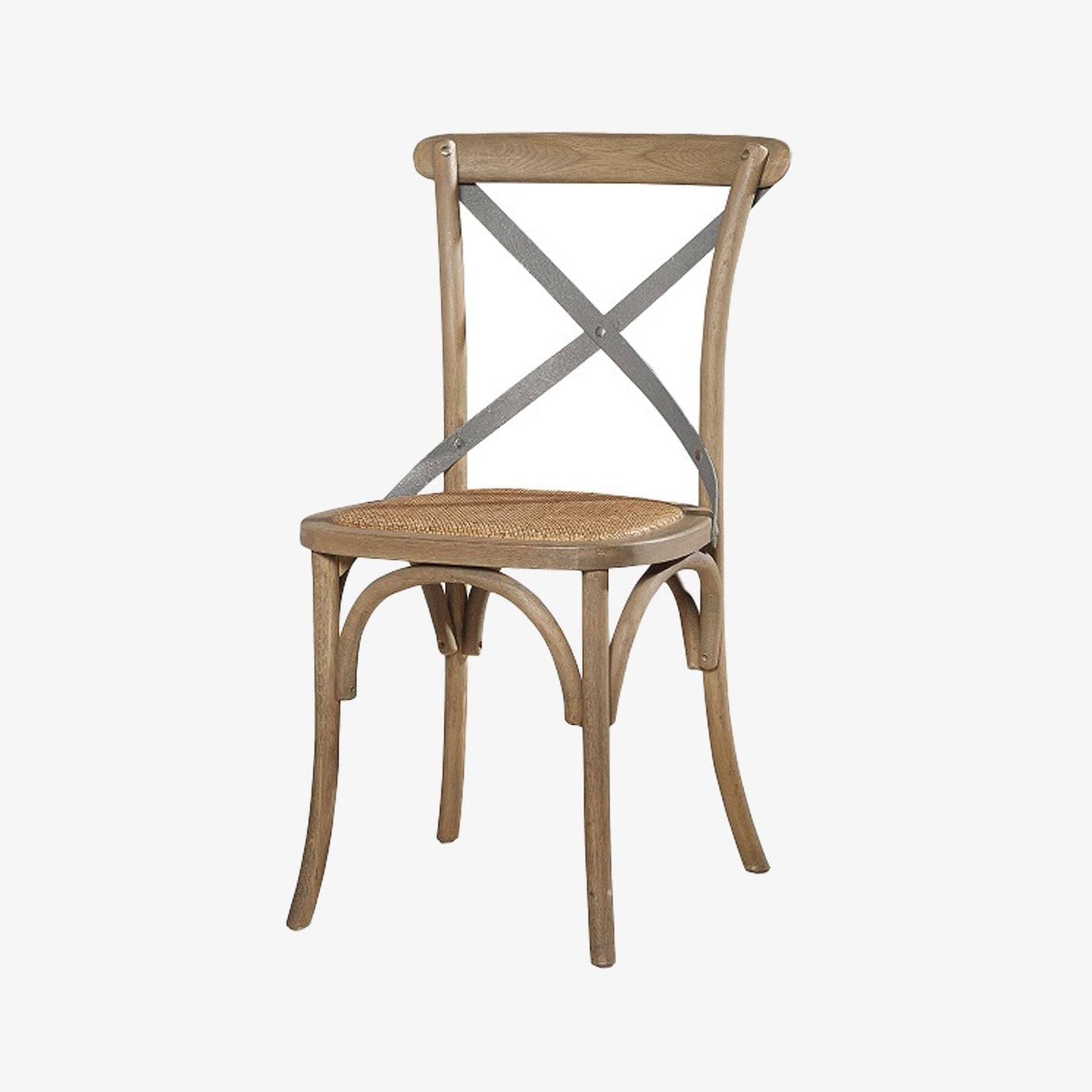 Parisian bistro style dining chair with rattan seat and two metal back braces on a white background