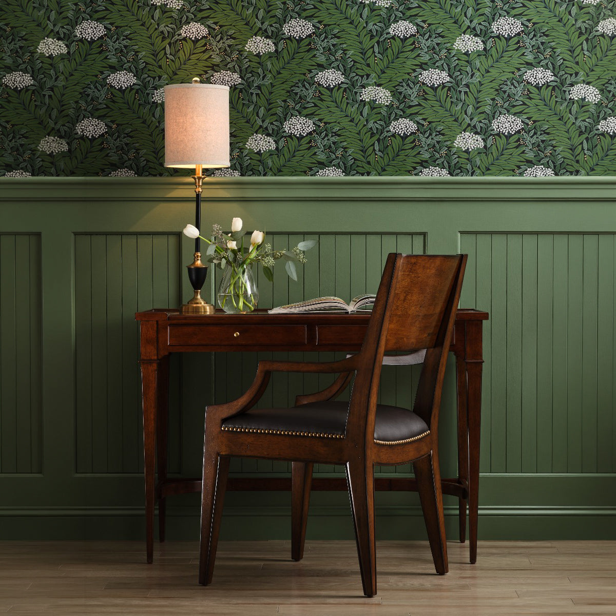 Marseille Writing Table in Bordeaux Finish in a green room at Addison West