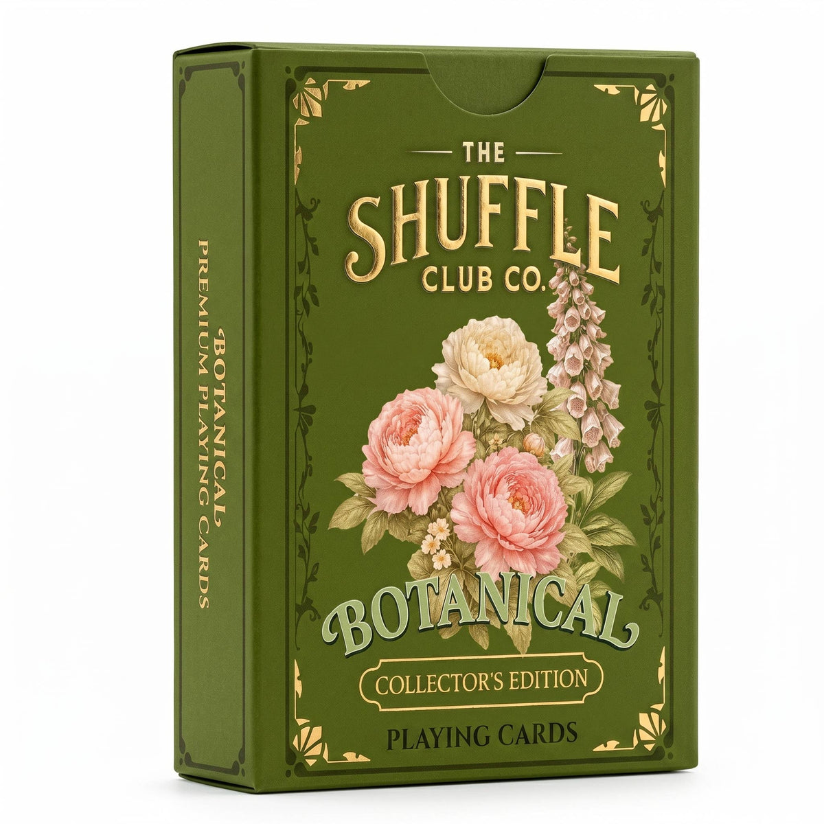 Shuffle club brand botantical playing cards in a green box with flowers on the front on a white background