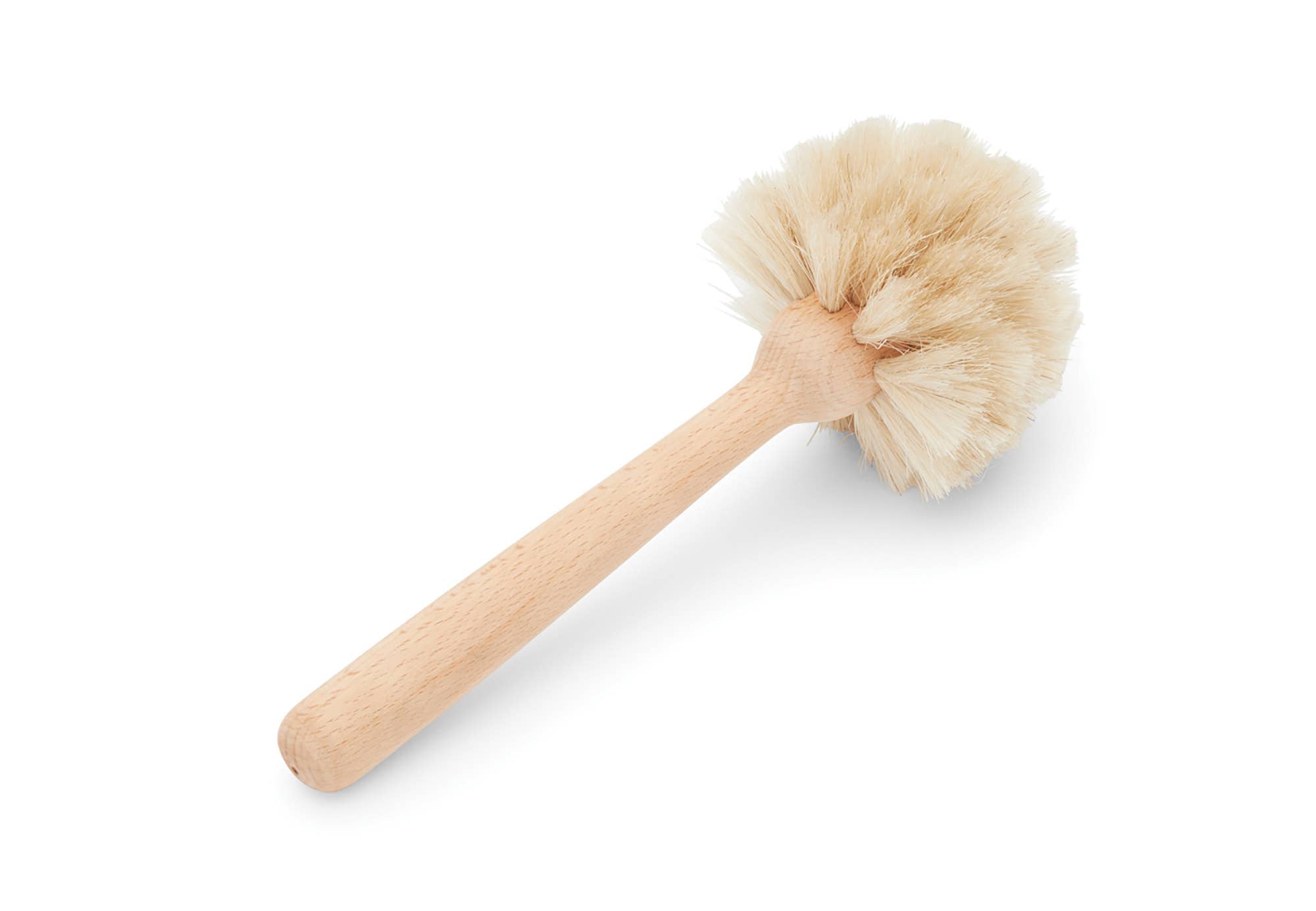 Wooden cleaning brush with natural bristles on a white background