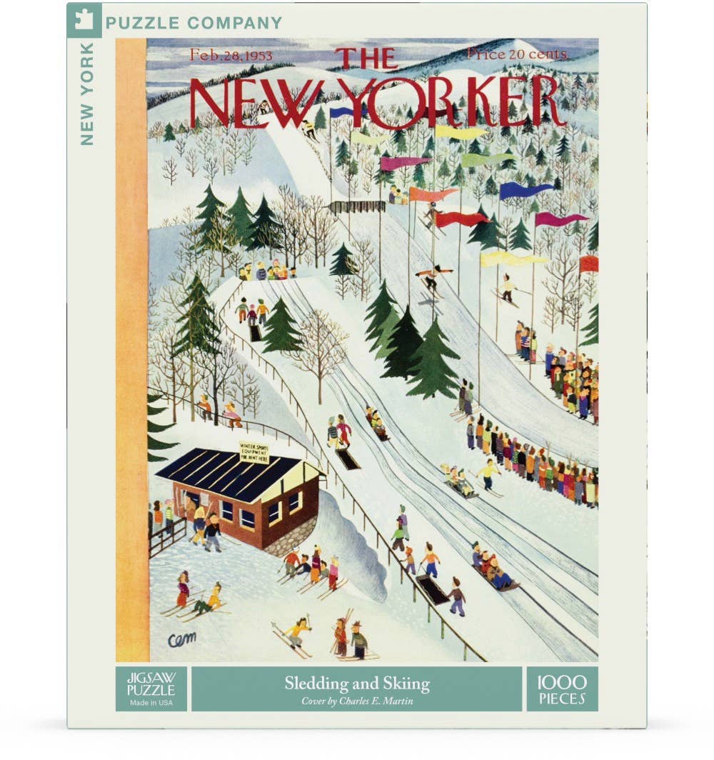 New York Puzzle Company puzzle box featuring a New Yorker magazine cover with a winter scene of sledding and skiing.